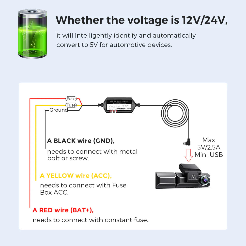 AZDOME JYX02 Car DVR Record Hardwire Kit For M550 M550 Pro GS63H PG17 M17 Low Vol Protection Mini USB Port 12V-24V in 5V2.5A out