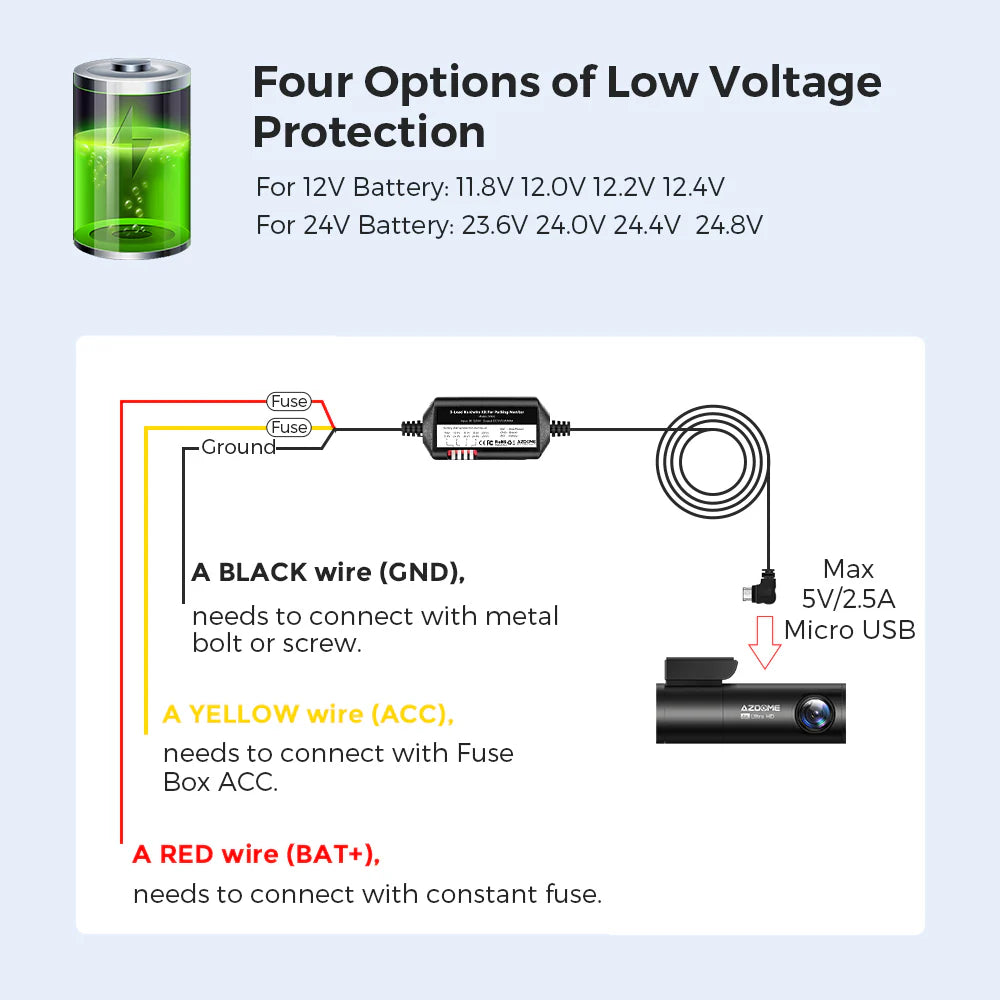 AZDOME JYX04 Car DVR HardWire Kit For M300S M300 Low Vol Protection Micro USB Port ACC Power Cable 12V-24V in 5V3A Out