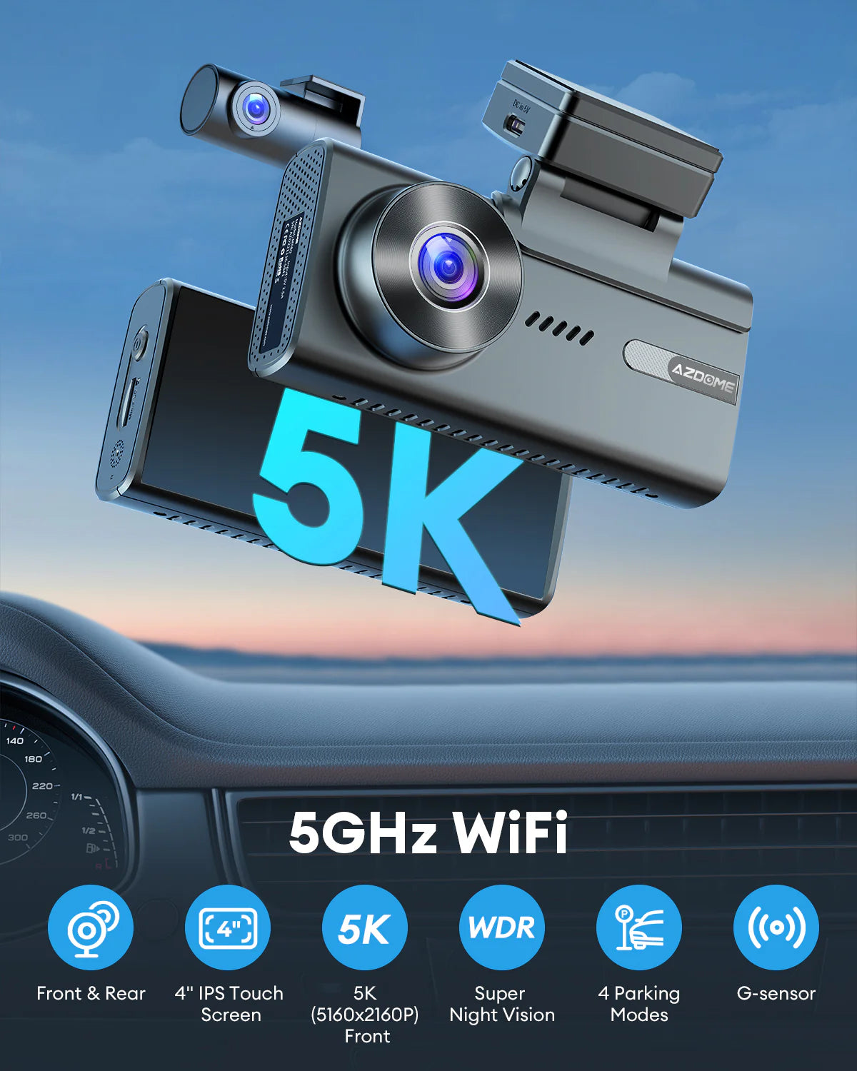 AZDOME M580-2CH 5K 5GHz WiFi Dash Cam Front and Rear, 4 Inch Touchscreen , Free 64GB Card, 4K+1080P GPS WDR Night Vision 24H Parking Monitor