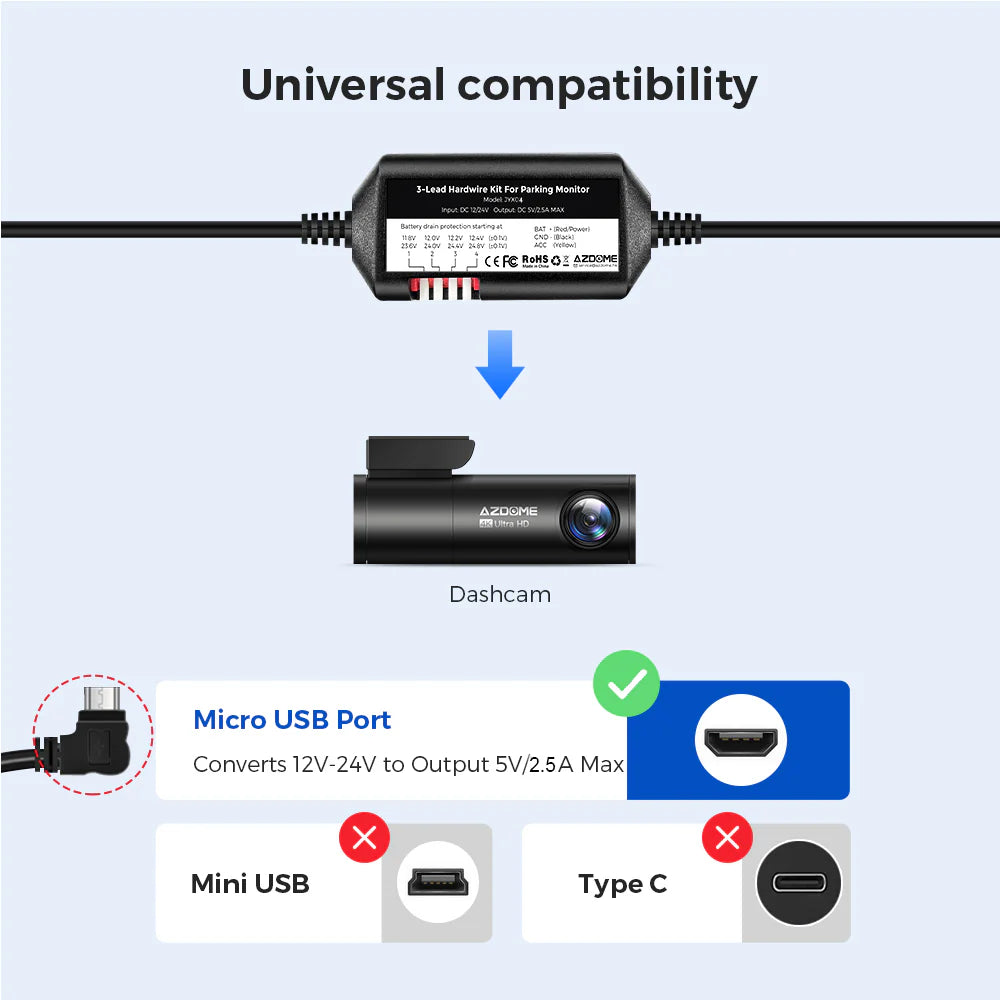 AZDOME JYX04 Car DVR HardWire Kit For M300S M300 Low Vol Protection Micro USB Port ACC Power Cable 12V-24V in 5V3A Out