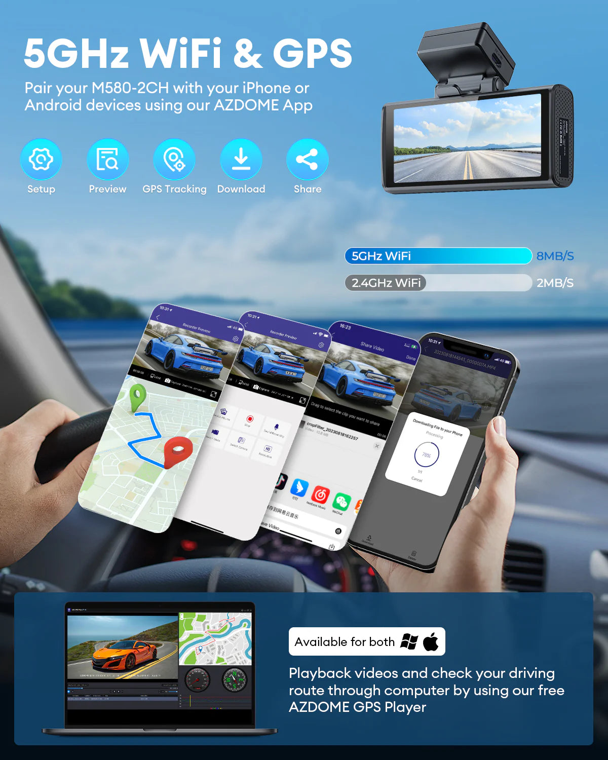 AZDOME M580-2CH 5K 5GHz WiFi Dash Cam Front and Rear, 4 Inch Touchscreen , Free 64GB Card, 4K+1080P GPS WDR Night Vision 24H Parking Monitor