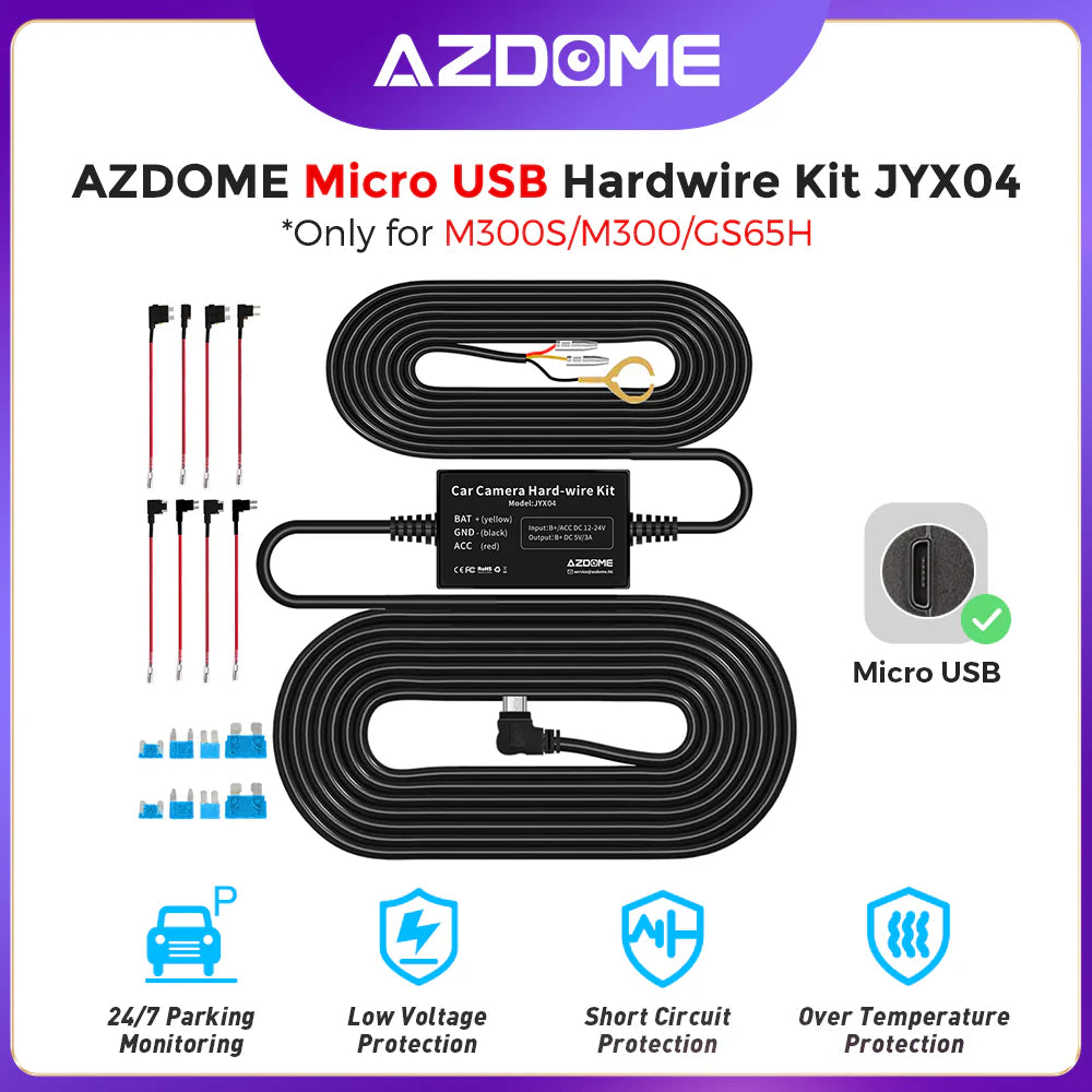 AZDOME HW03L Car DVR HardWire Kit For M300/M300S Low Vol Protection...