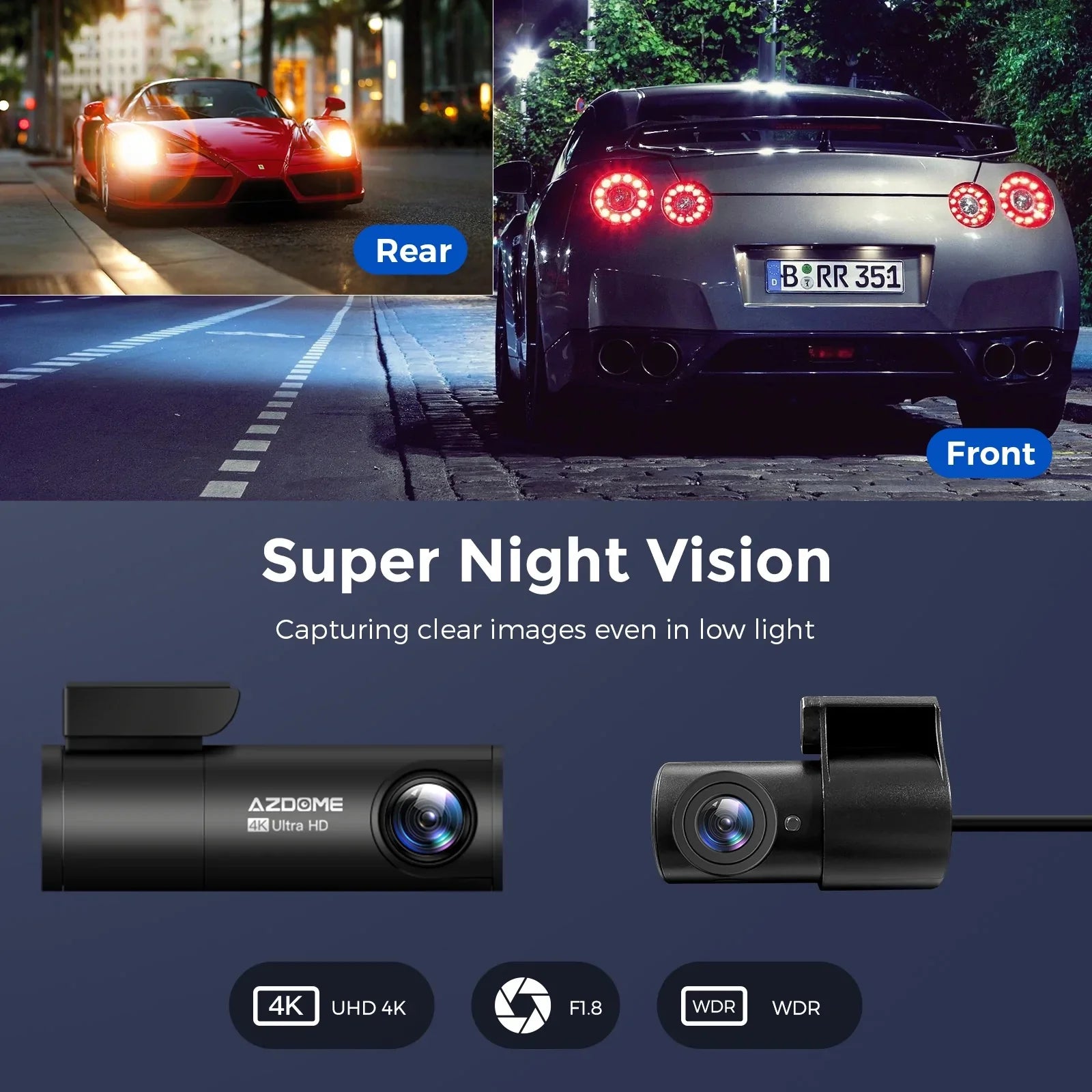 AZDOME M300S Car Recorders 4K+1080P Rear Camera 800MP Lens GPS Wifi...