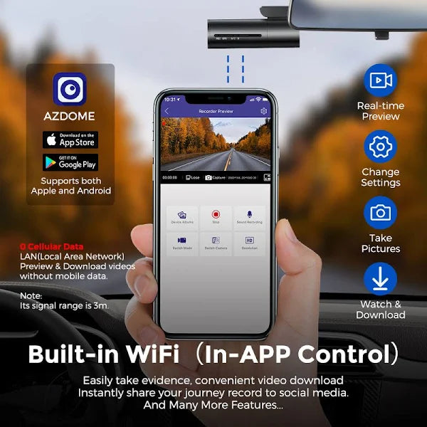 AZDOME M300 Dash Cam 1080P Car DVR WiFi English Voice Command APP C...