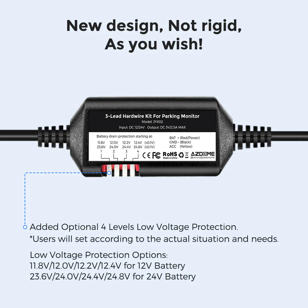 AZDOME JYX02 Car DVR Record Hardwire Kit For M550 M550 Pro GS63H PG17 M17 Low Vol Protection Mini USB Port 12V-24V in 5V2.5A out